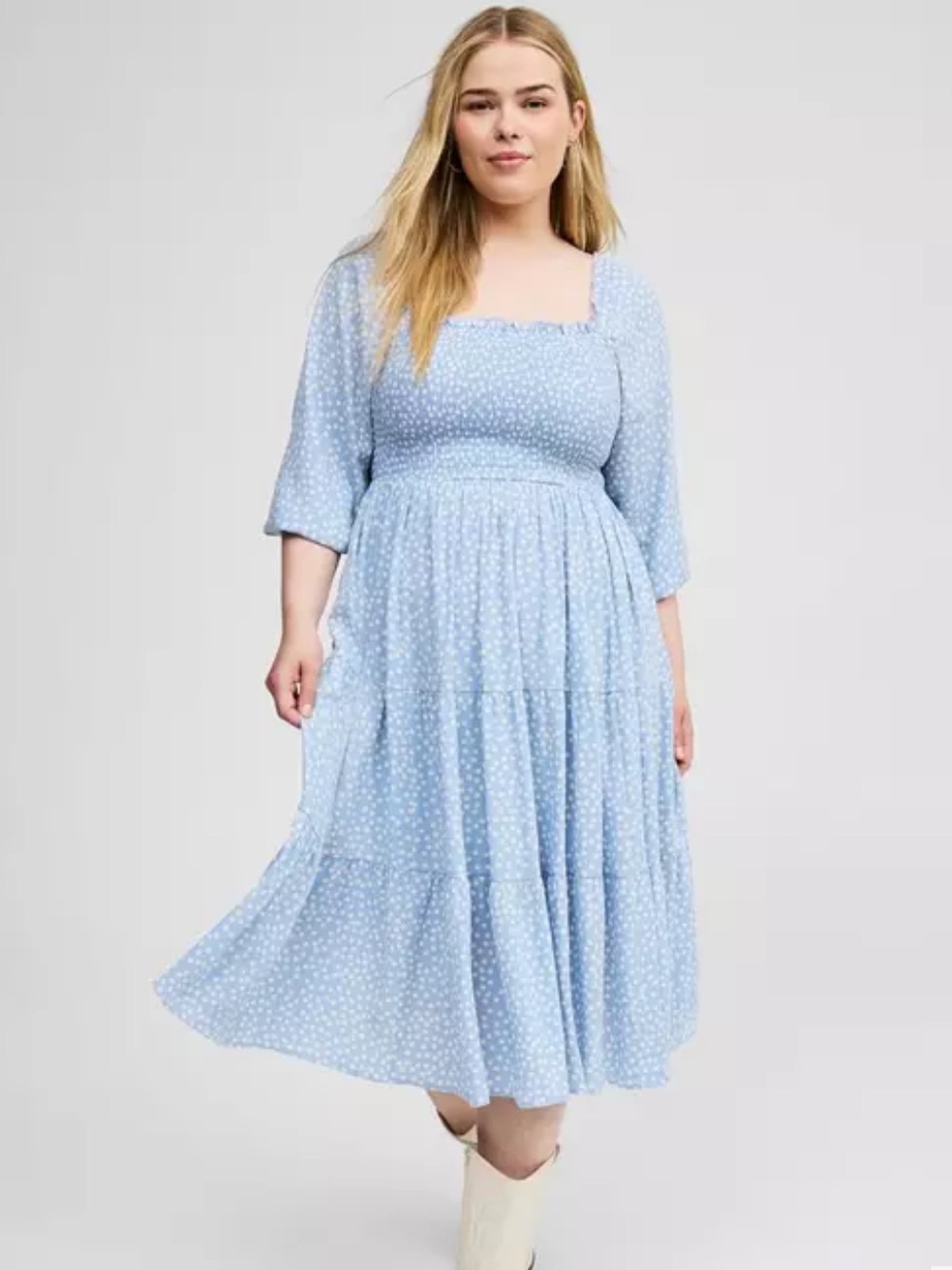 Torrid Blue Polka Dot Smocked Tiered Midi Dress Cottagecore Prairie  Size 1X/14